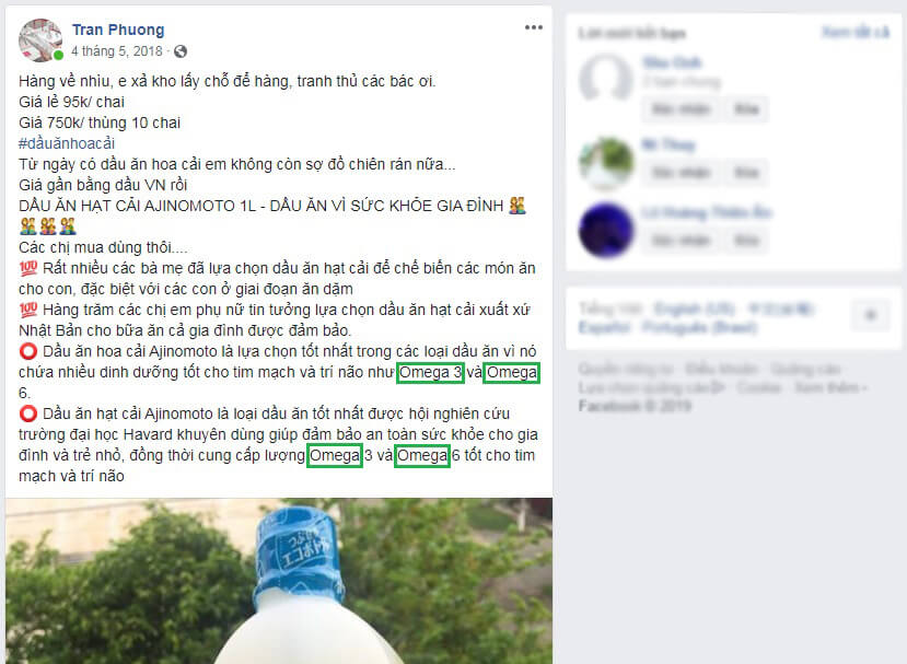 Nội dung quảng cáo Facebook chứa các thành phần hóa học