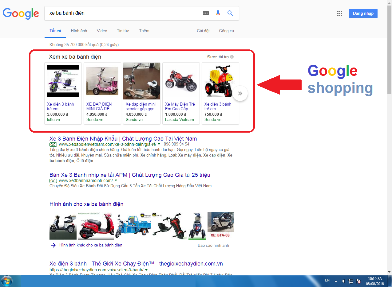 Quảng cáo Google mua sắm có thể xuất hiện ở nhiều vị trí trên trang Google tìm kiếm