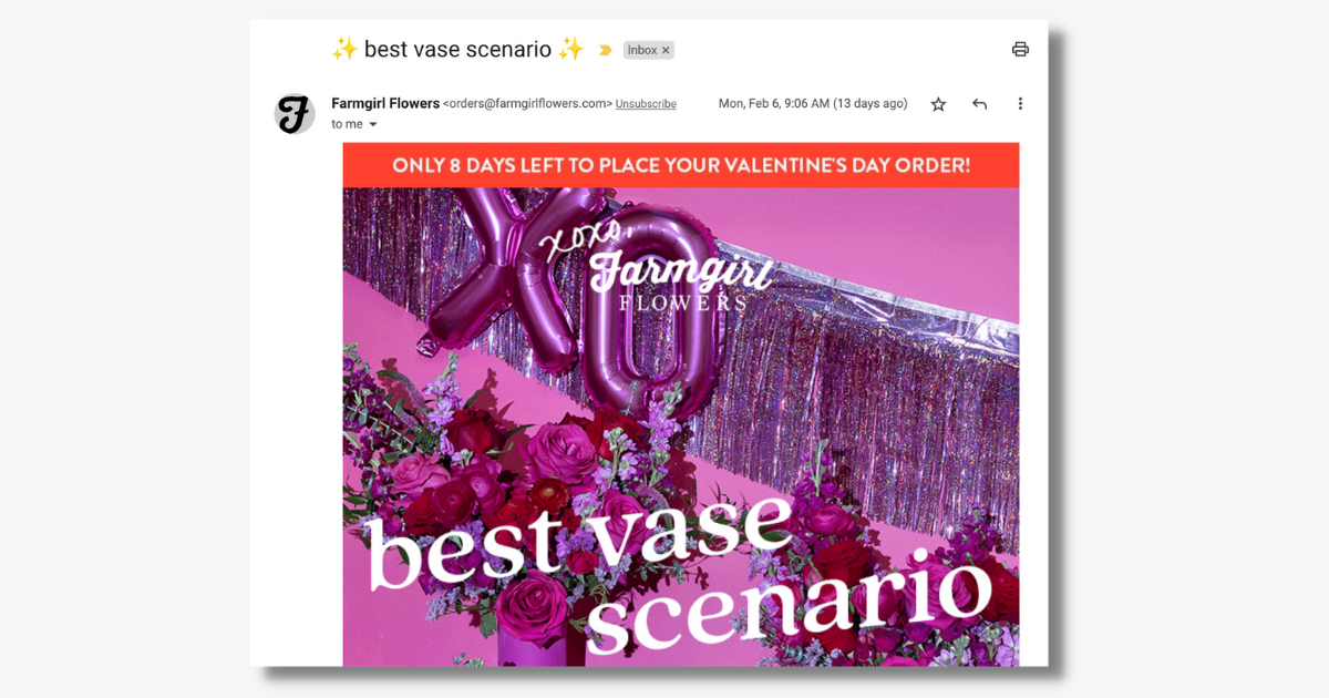 Ví dụ về chiến dịch email thiết kế tốt bởi Farmgirl Flowers.