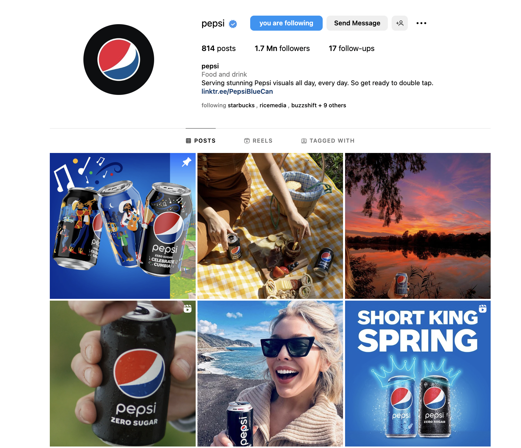 Trang mạng xã hội Instargram của Pepsi