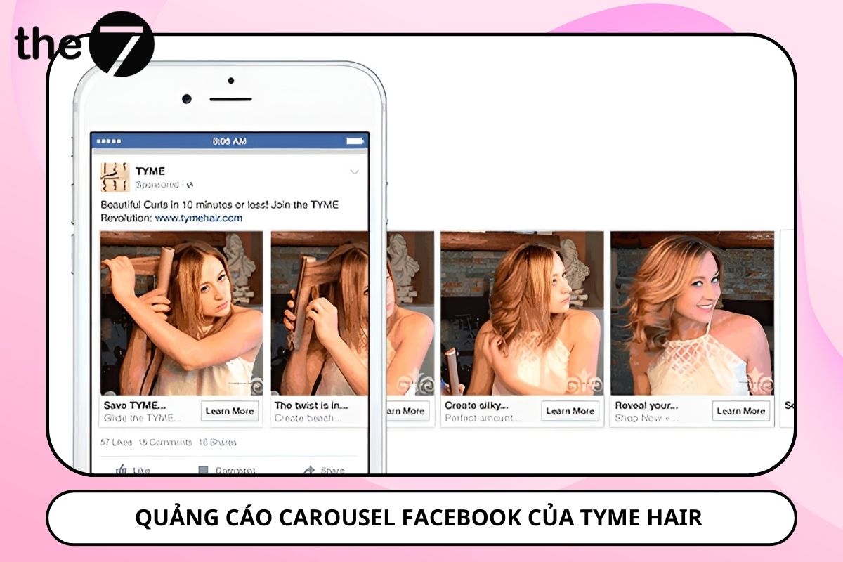 Tyme Hair mô tả cụ thể về tính năng và cách hoạt động của máy uốn tóc thông qua Carousel Ads