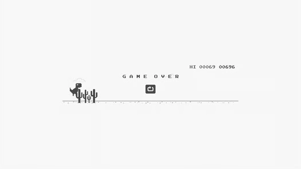 Dinosaur Game over screen showing the dinosaur beside cacti and a restart button