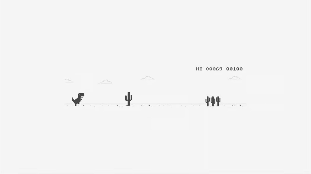 Dinosaur running toward cactus obstacles in Dinosaur Game