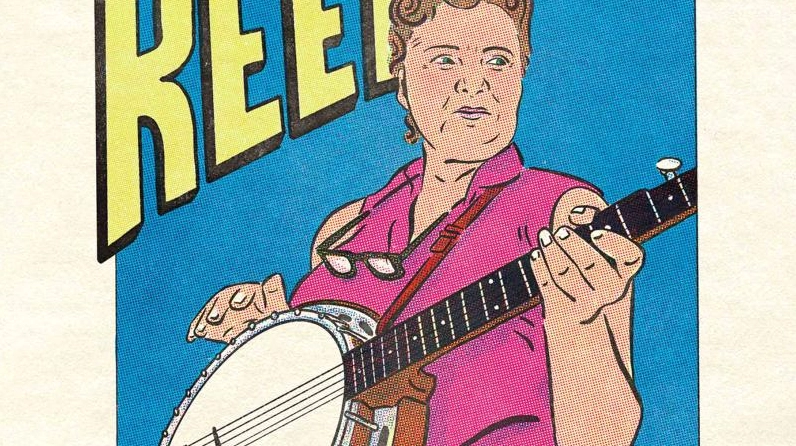 Hình ảnh hoạt hình siêu anh hùng của một người phụ nữ chơi banjo.