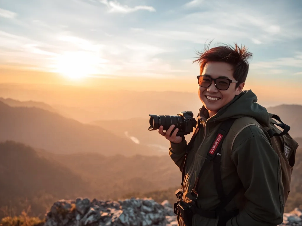 Khoai Lang Thang, travel vlogger nổi tiếng nhất Việt Nam, đang chụp ảnh trên đỉnh núi dưới ánh nắng chiều, phong cách mạo hiểm