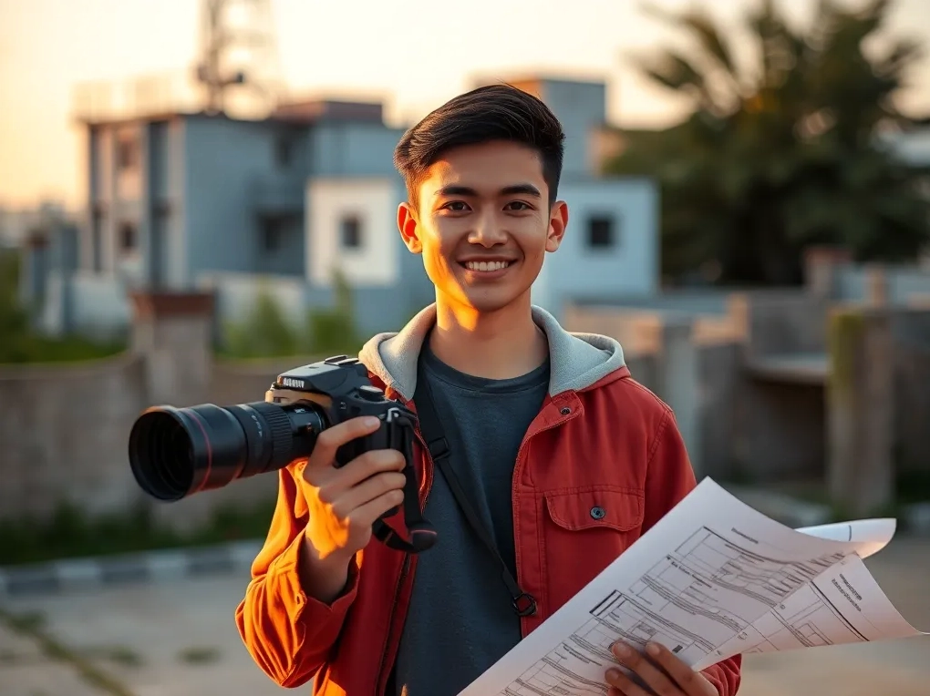 Người đàn ông trẻ Việt Nam chuyển đổi từ kỹ sư xây dựng thành travel vlogger, cầm bản thiết kế và máy ảnh, bối cảnh ngoài trời với ánh sáng vàng ấm áp