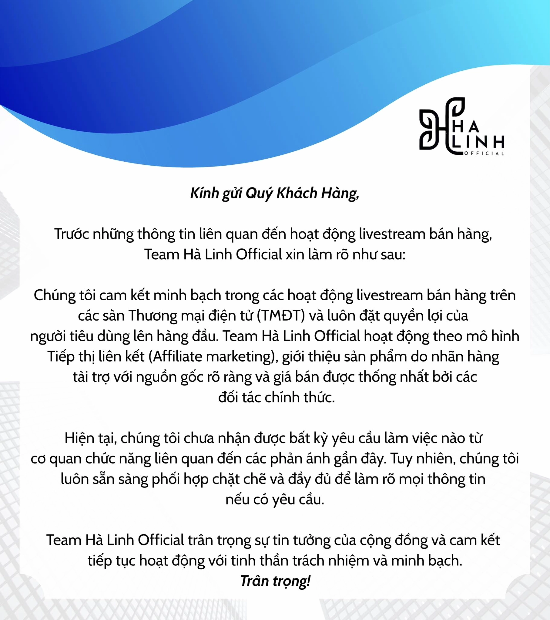 Thông báo của Võ Hà Linh về các cáo buộc