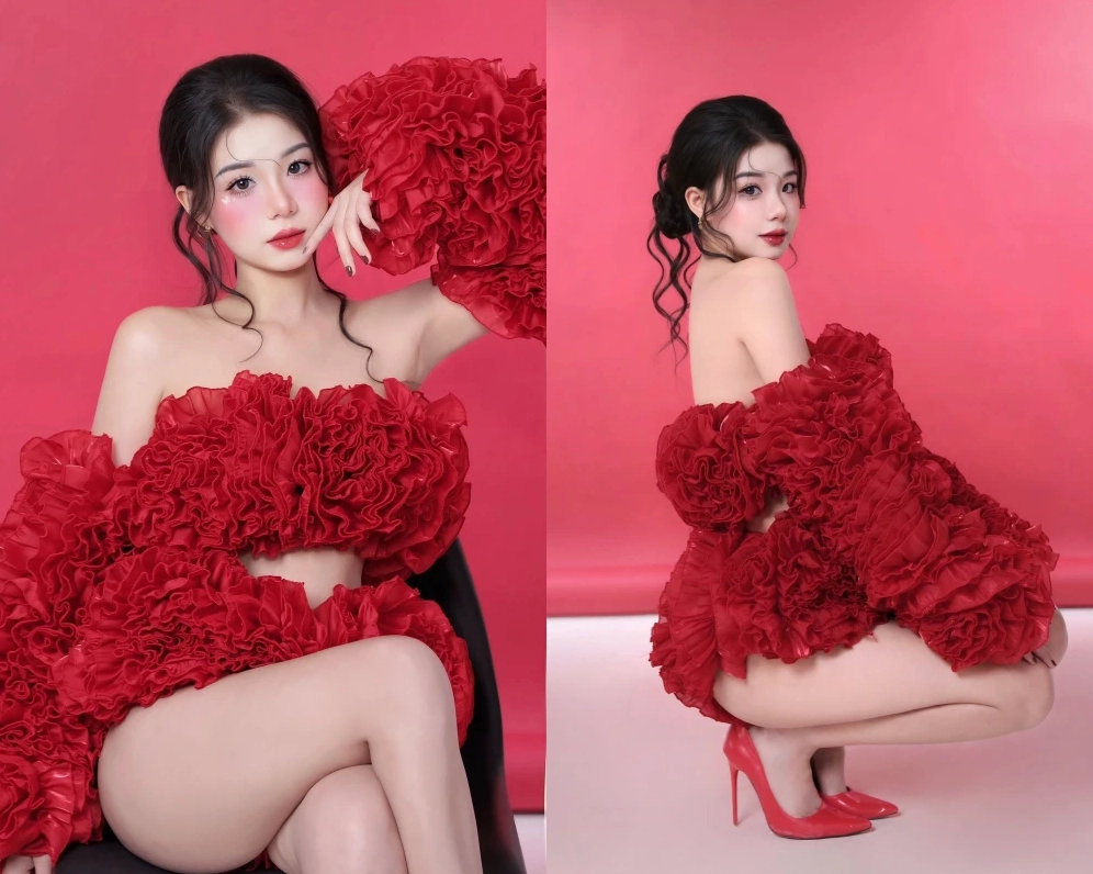 Hot girl Trà Hạ Ly 'đốt mắt' người nhìn với váy đỏ rực rỡ tựa cánh hồng nhung